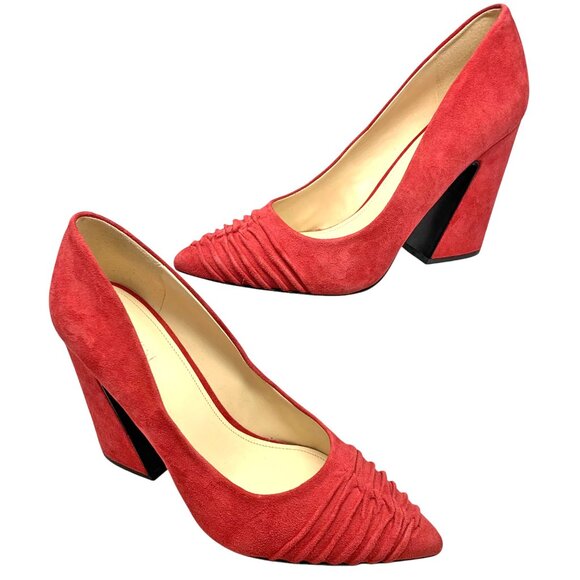 NINE WEST Harlynn Red Suede Ruche Vamp Block Heel Pumps - Picture 8 of 11